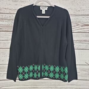 Pendleton Women's Black Green Knit Argyle Silk Blend Full Zip Sweater Size 1X